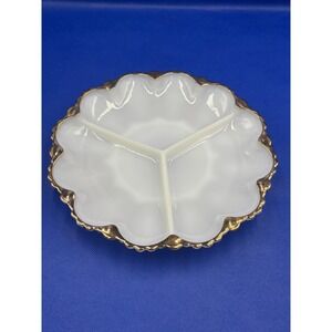 Vintage Fire King Anchor Hocking Milk Glass Divided Dish with Gold Foil Edge